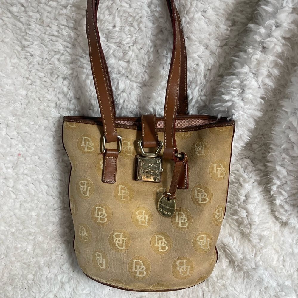 Dooney & Bourke canvas logo khaki bucket shoulder bag with leather brown trims
